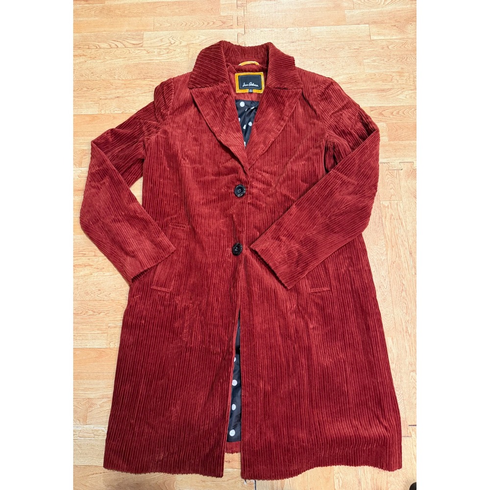 Sam Edelman Rust Red Corduroy Trench Coat Polka Dot Lining Womens Size M - Picture 2 of 8